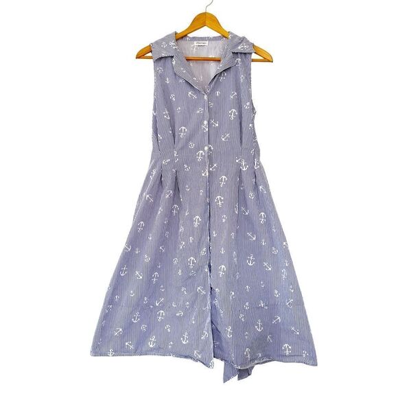 Chloe + Rene Blue White Pinstripe Collared Anchor Motifs Midi Shirtdress Dress - Picture 1 of 10